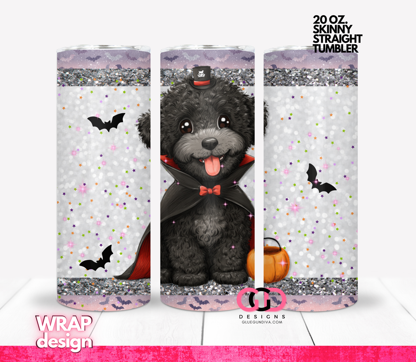 Halloween Black Puppy Dracula -  Digital tumbler wrap for 20 oz skinny straight tumbler