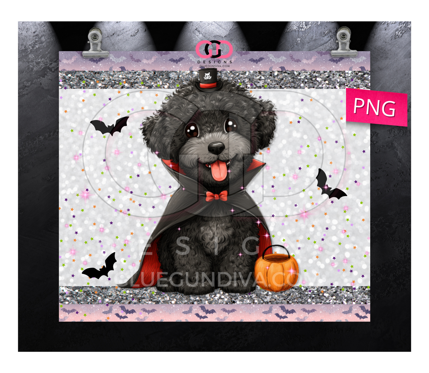 Halloween Black Puppy Dracula -  Digital tumbler wrap for 20 oz skinny straight tumbler