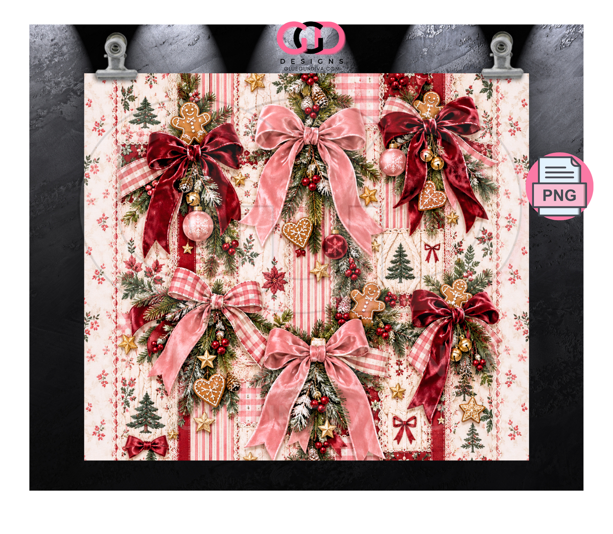 Velvet Bows Christmas -  Digital tumbler wrap for 20 oz skinny straight tumbler