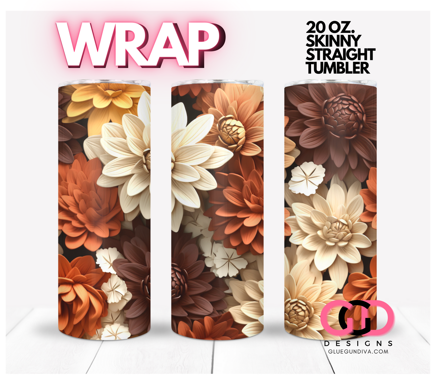 3D Fall Flowers -   Digital tumbler wrap for 20 oz skinny straight tumbler