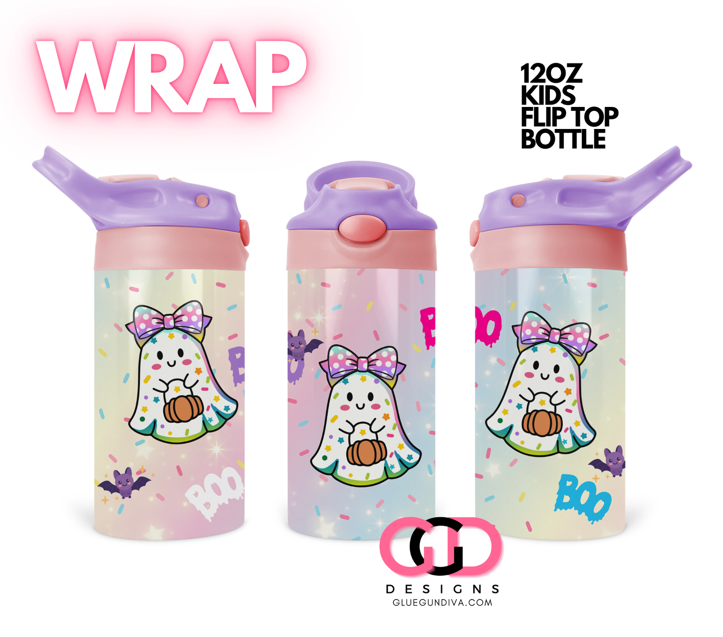 Sprinkle Ghosts - Digital Flip Top Bottle Wrap for kid's bottles 12 oz