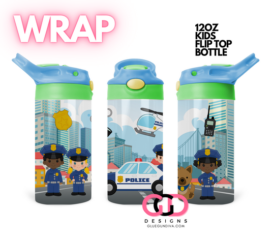 Police - Digital Flip Top Bottle Wrap for kid's bottles 12 oz