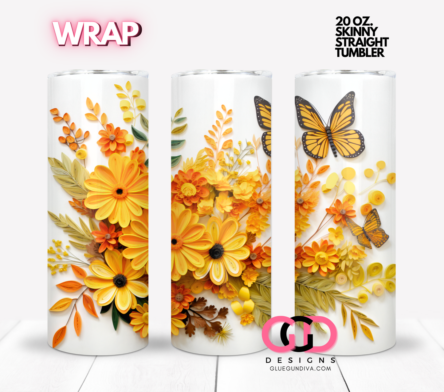 3D Orange flowers and butterflies -  Digital tumbler wrap for 20 oz skinny straight tumbler