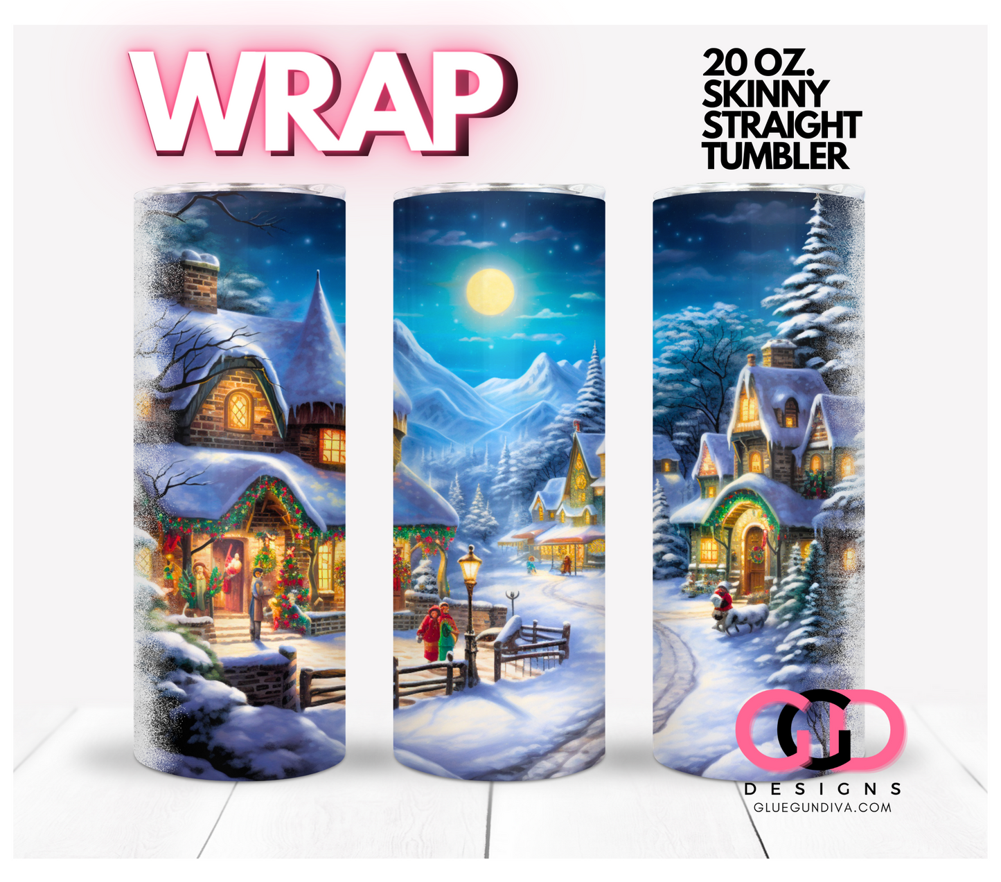 Winter Holiday Night Scene-   Digital tumbler wrap for 20 oz skinny straight tumbler