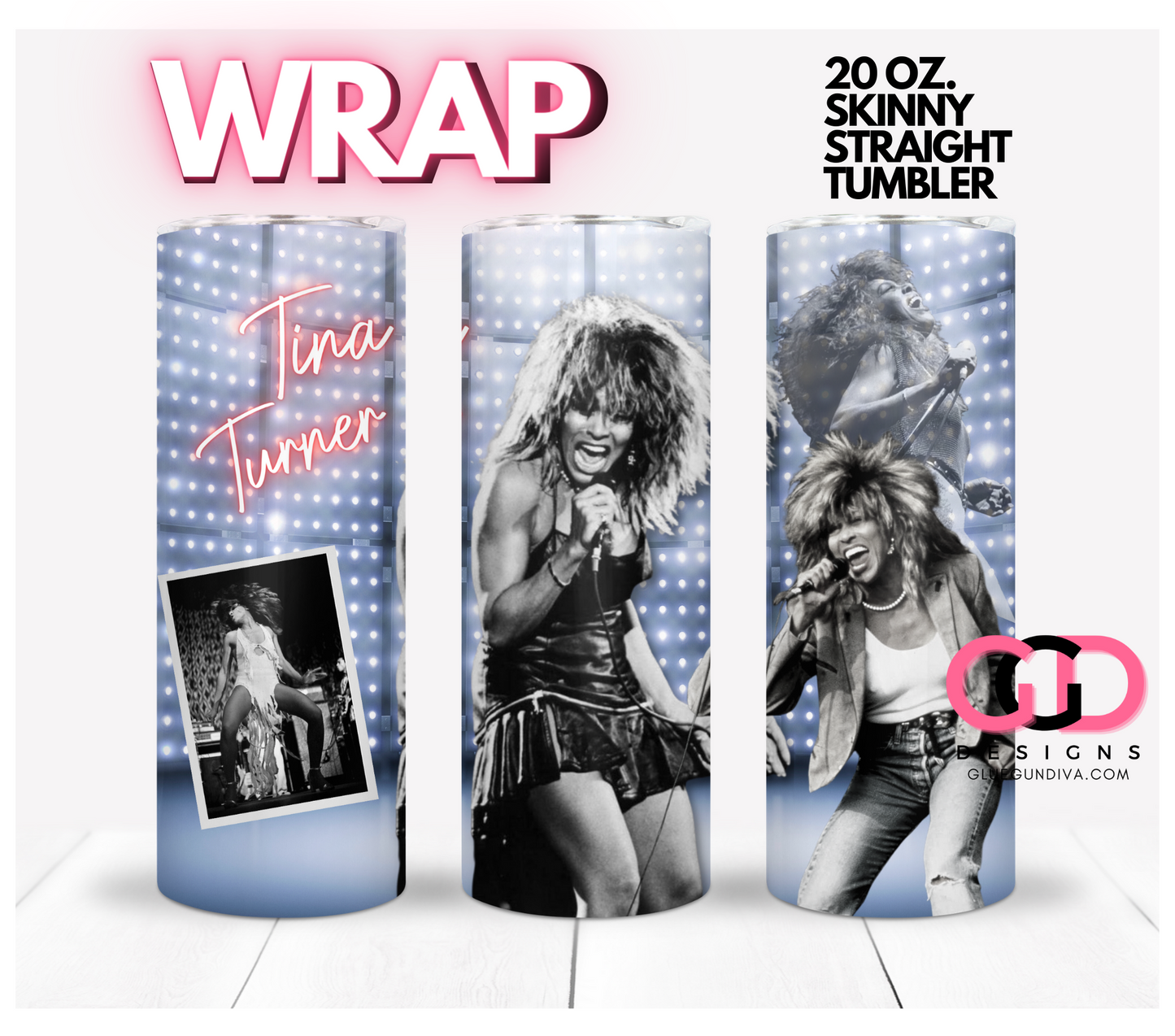 Tina Turner Black and White-   Digital tumbler wrap for 20 oz skinny straight tumbler