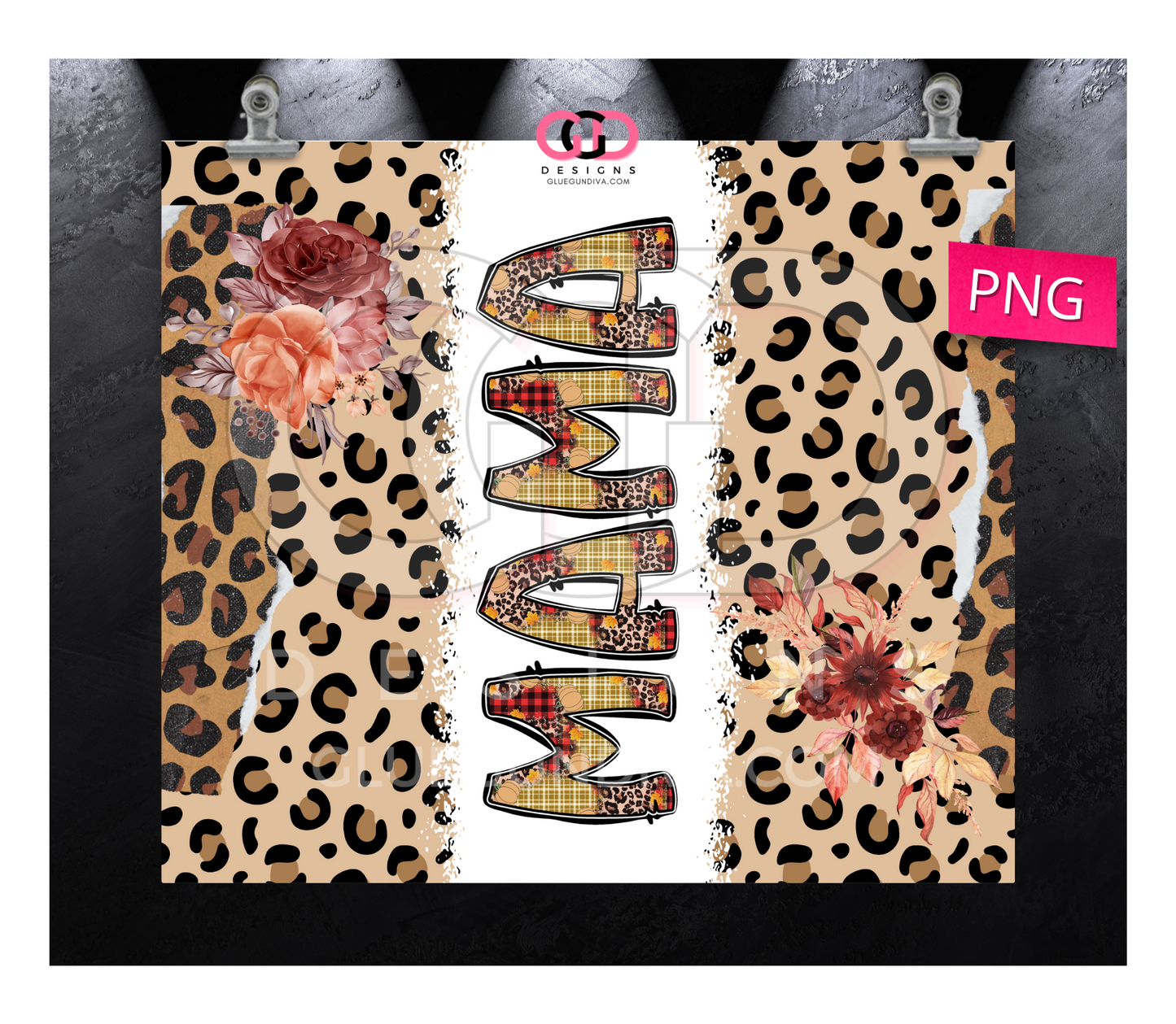 Fall Flower Mama Leopard -  Digital tumbler wrap for 20 oz skinny straight tumbler