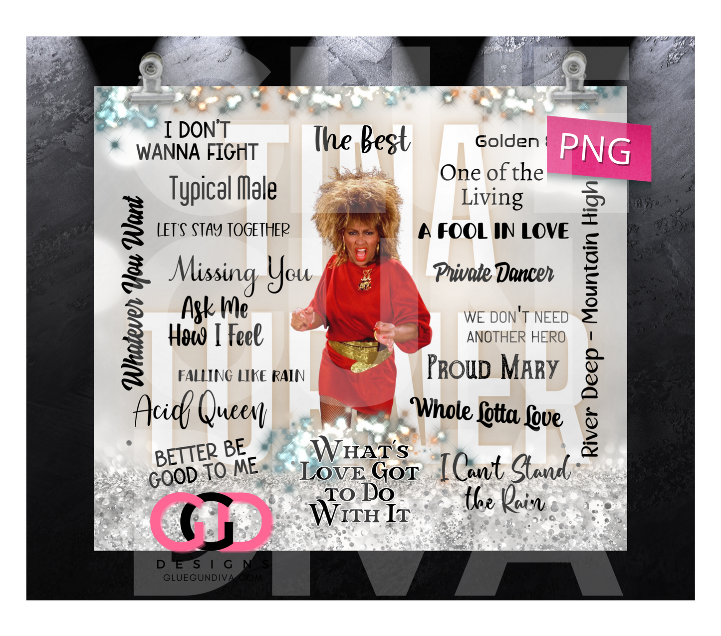 Tina Turner Hit Songs-   Digital tumbler wrap for 20 oz skinny straight tumbler