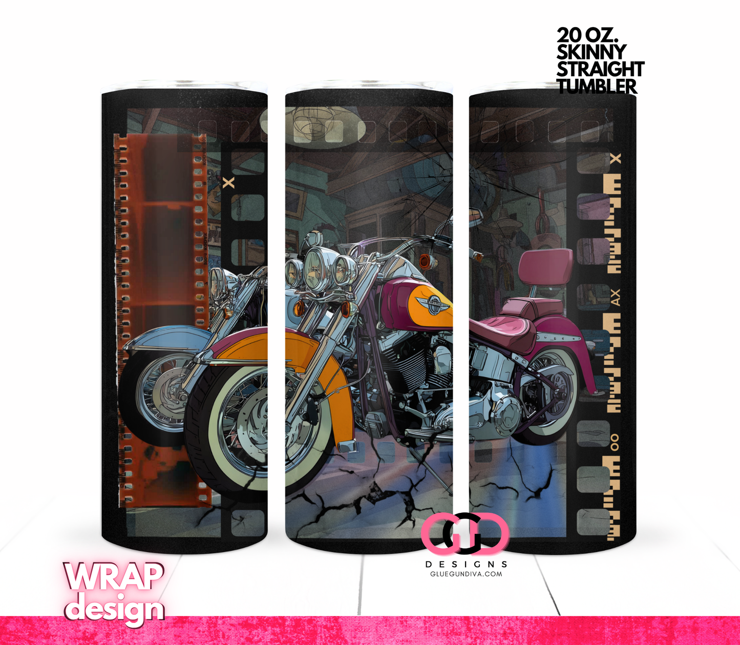 Motorbikes Negative Film - Digital tumbler wrap for 20 oz skinny straight tumbler