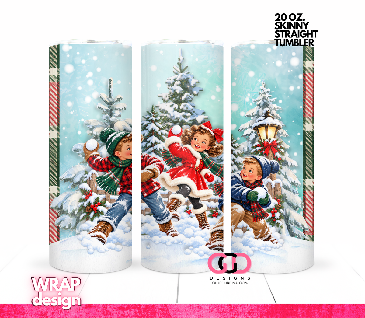 Vintage Snowball Fight White Children-  Digital tumbler wrap for 20 oz skinny straight tumbler