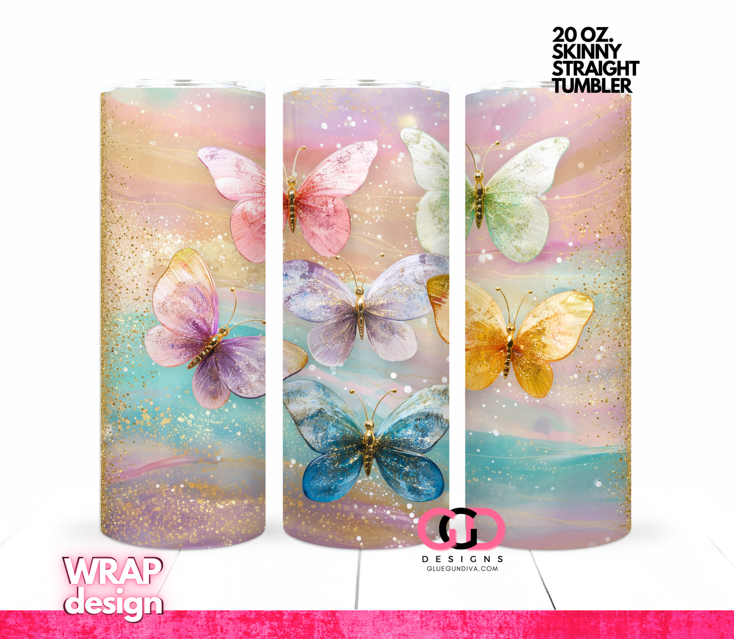 Glass Butterflies -  Digital tumbler wrap for 20 oz skinny straight tumbler