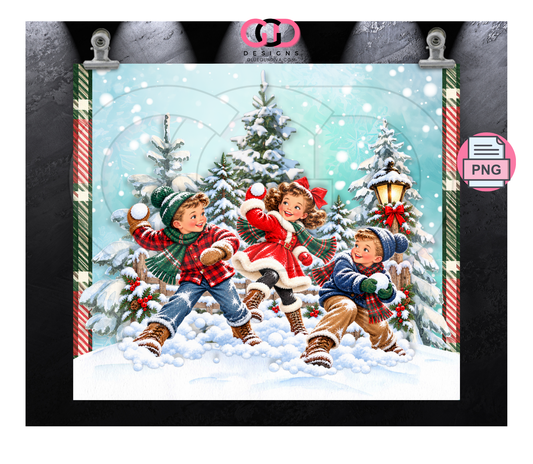 Vintage Snowball Fight White Children-  Digital tumbler wrap for 20 oz skinny straight tumbler