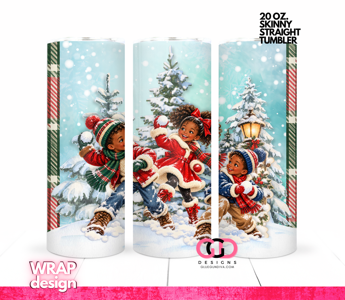 Vintage Snowball Fight Black Children-  Digital tumbler wrap for 20 oz skinny straight tumbler