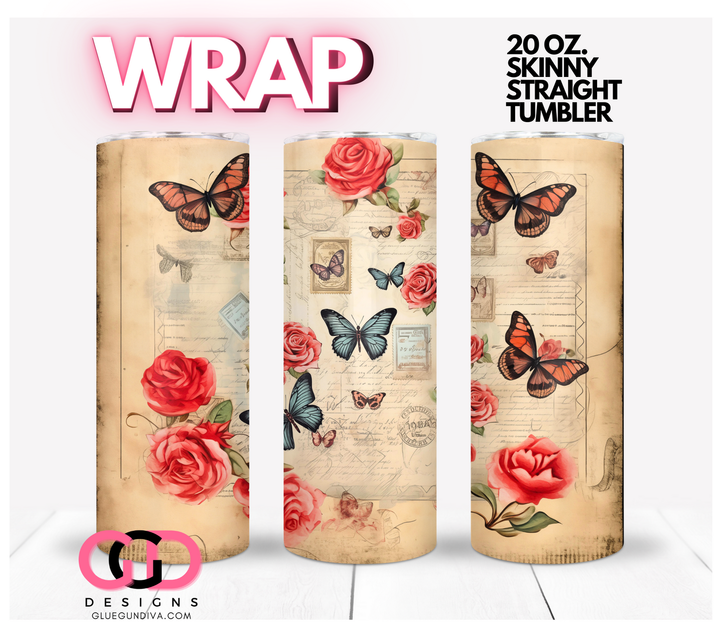 Vintage Roses and Stamps -   Digital tumbler wrap for 20 oz skinny straight tumbler