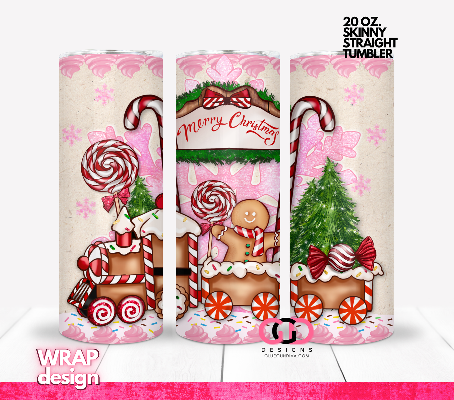 Merry Pink Ginger Christmas -  Digital tumbler wrap for 20 oz skinny straight tumbler