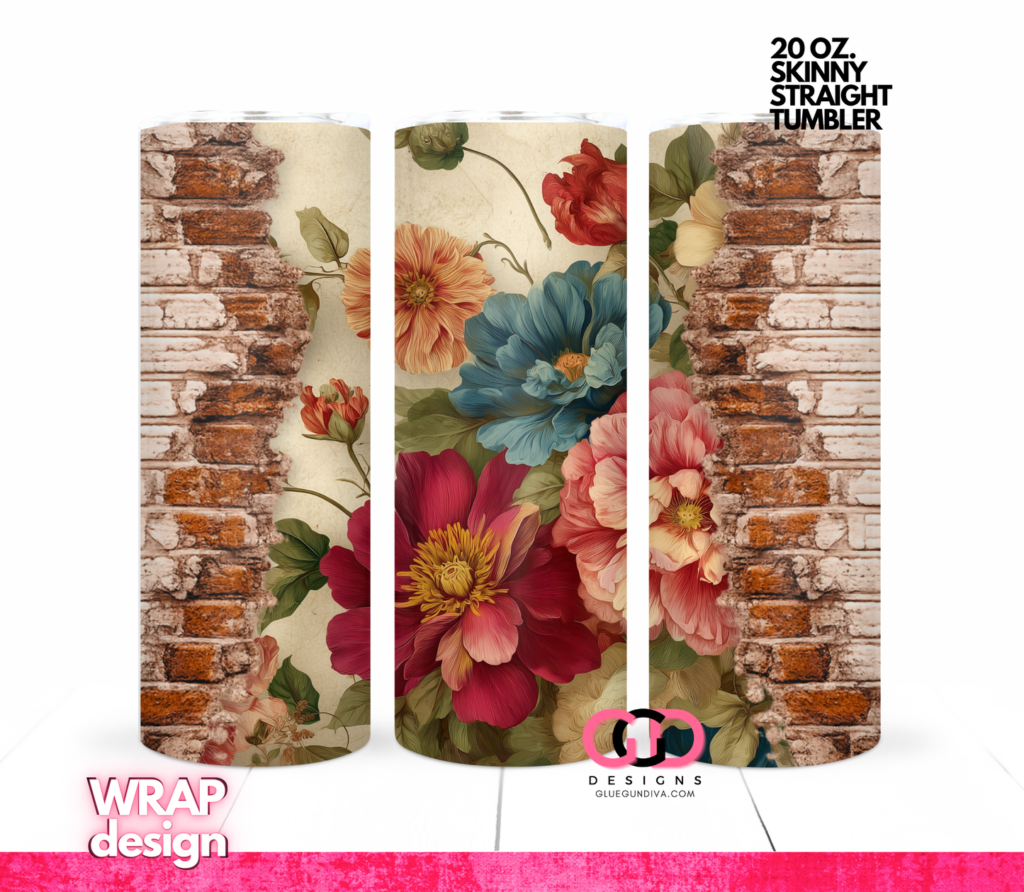Vintage Brick Wall Flowers- Digital tumbler wrap for 20 oz skinny straight tumbler