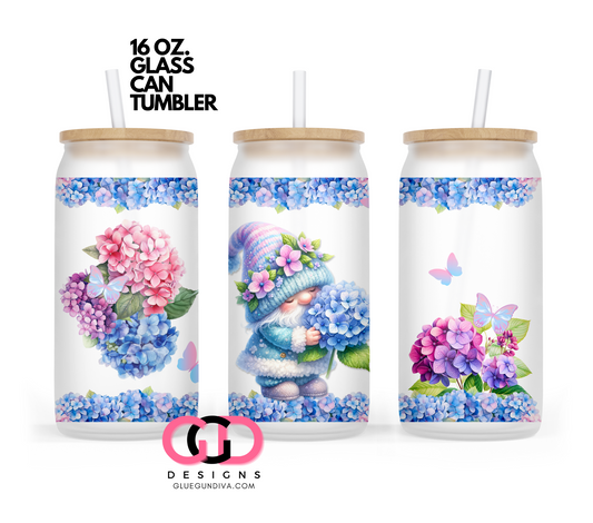 Hydrangea Gnome-   Digital wrap for 16 oz glass can