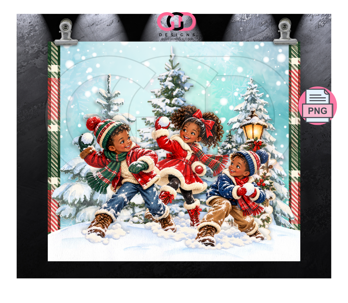Vintage Snowball Fight Black Children-  Digital tumbler wrap for 20 oz skinny straight tumbler