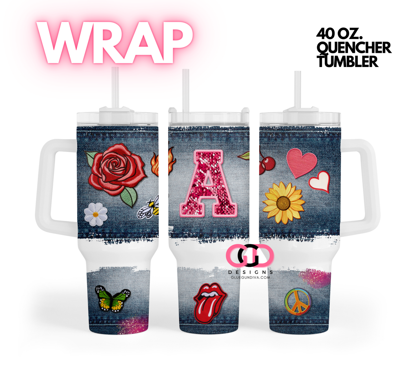 Denim Patches Letter A -   Digital tumbler wrap for 40 oz tumbler