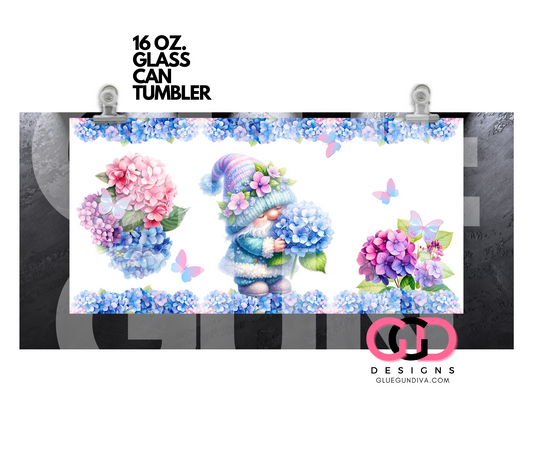 Hydrangea Gnome-   Digital wrap for 16 oz glass can