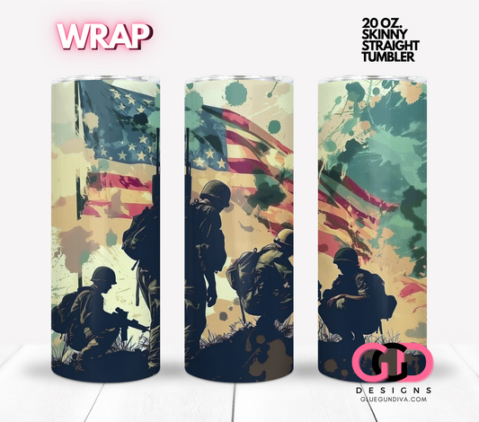 Soldiers and the USA Flag-   Digital tumbler wrap for 20 oz skinny straight tumbler