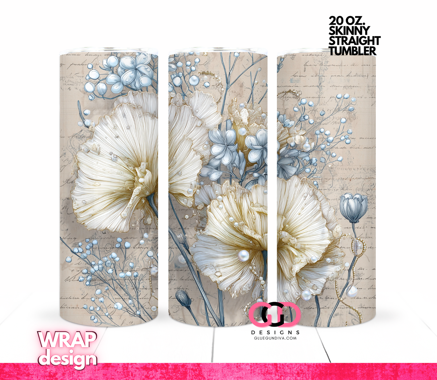 Creme Flowers Pearls Vintage -   Digital tumbler wrap for 20 oz skinny straight tumbler