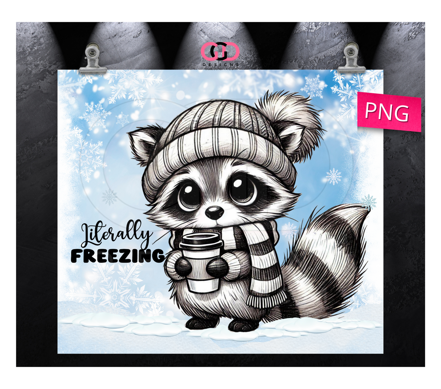 Literally Freezing Raccoon-  Digital tumbler wrap for 20 oz skinny straight tumbler