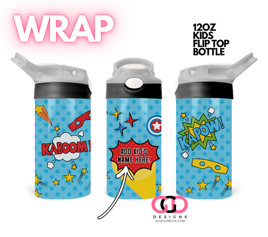 Superhero Icons - Digital Flip Top Bottle Wrap for kid's bottles 12 oz