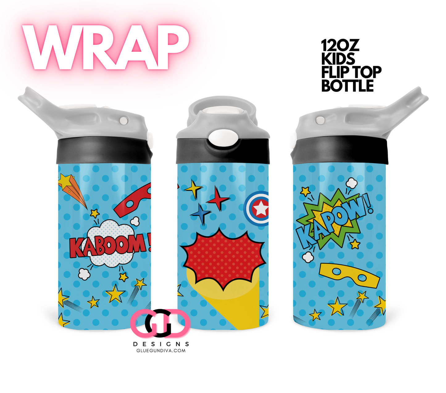 Superhero Icons - Digital Flip Top Bottle Wrap for kid's bottles 12 oz