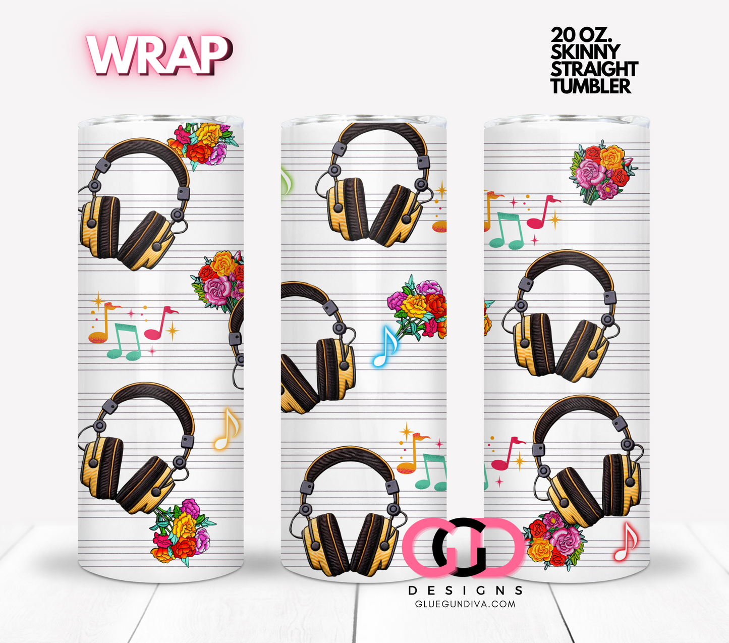 Headphones and Flowers -  Digital tumbler wrap for 20 oz skinny straight tumbler