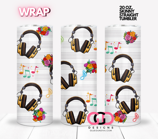 Headphones and Flowers -  Digital tumbler wrap for 20 oz skinny straight tumbler