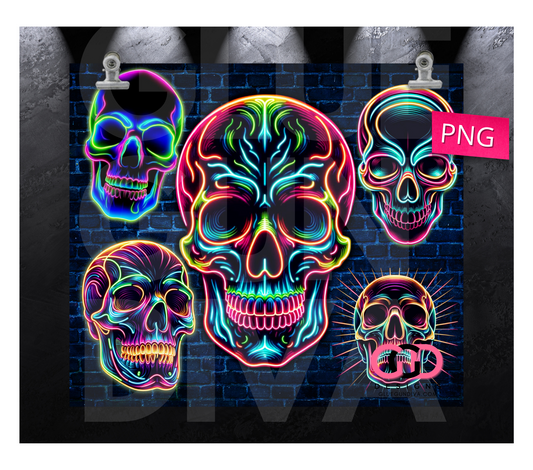 NEON SKULLS -  Digital tumbler wrap for 20 oz skinny straight tumbler