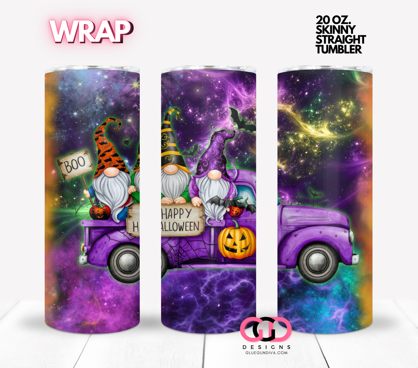 Halloween Gnomes Truck Galaxy-  Digital tumbler wrap for 20 oz skinny straight tumbler