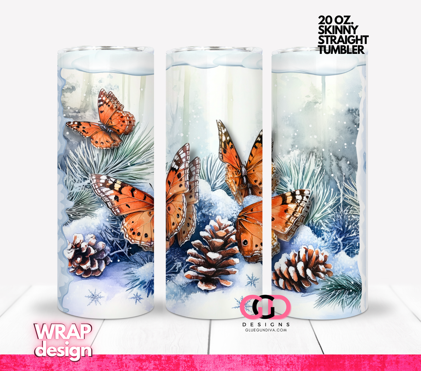 Winter Butterflies-   Digital tumbler wrap for 20 oz skinny straight tumbler