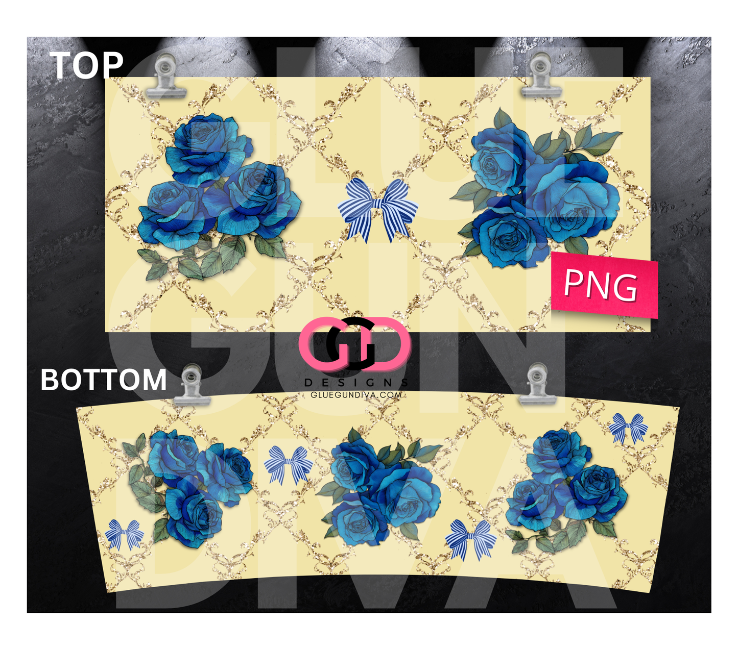 Blue Roses on Yellow -   Digital tumbler wrap for 40 oz tumbler