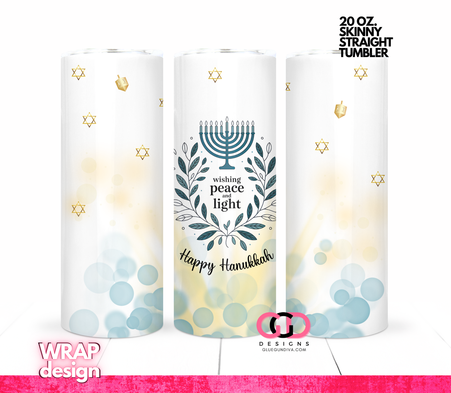 Peace Light Hanukkah - Digital tumbler wrap for 20 oz skinny straight tumbler