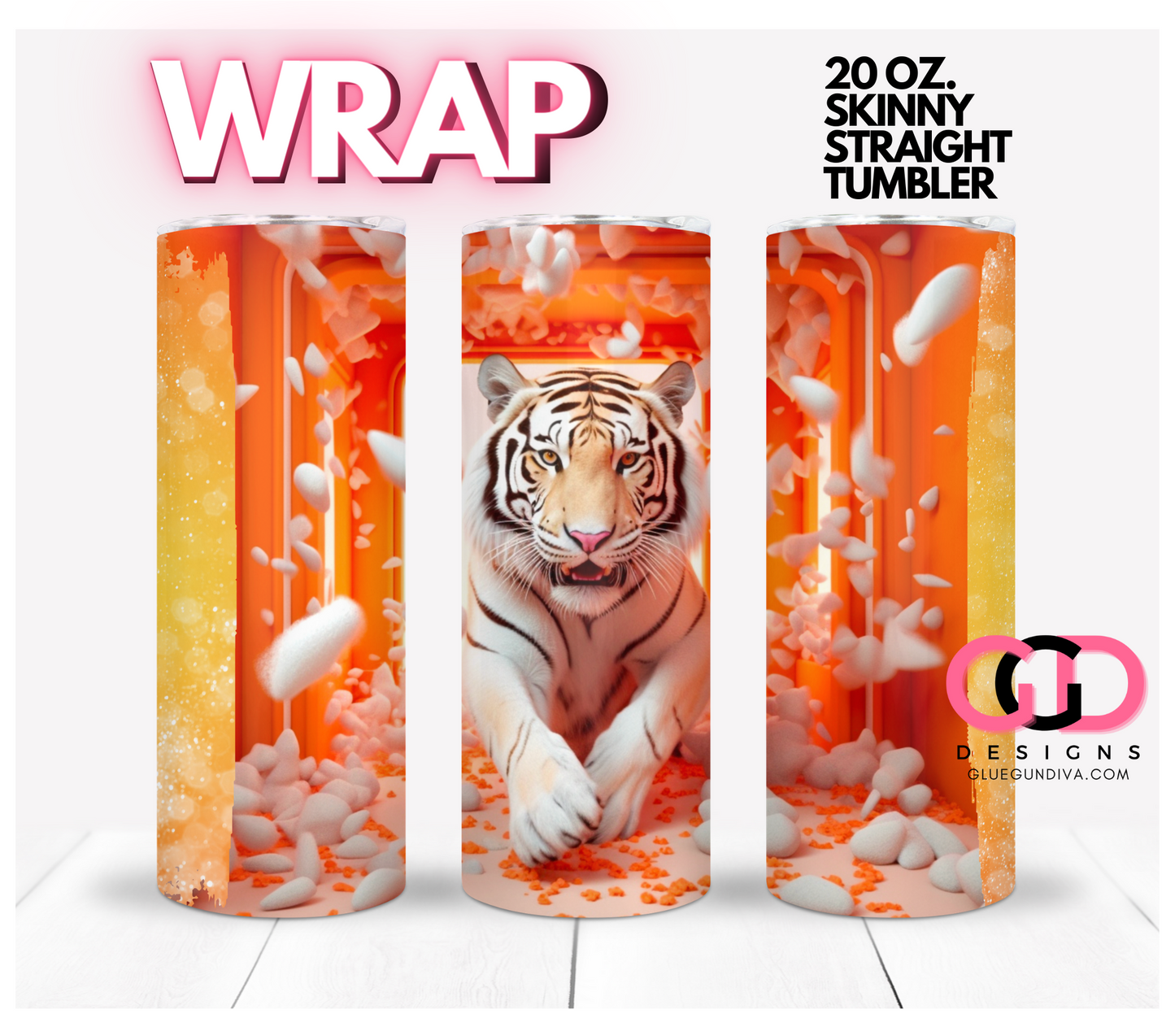 White Tiger 3D-   Digital tumbler wrap for 20 oz skinny straight tumbler