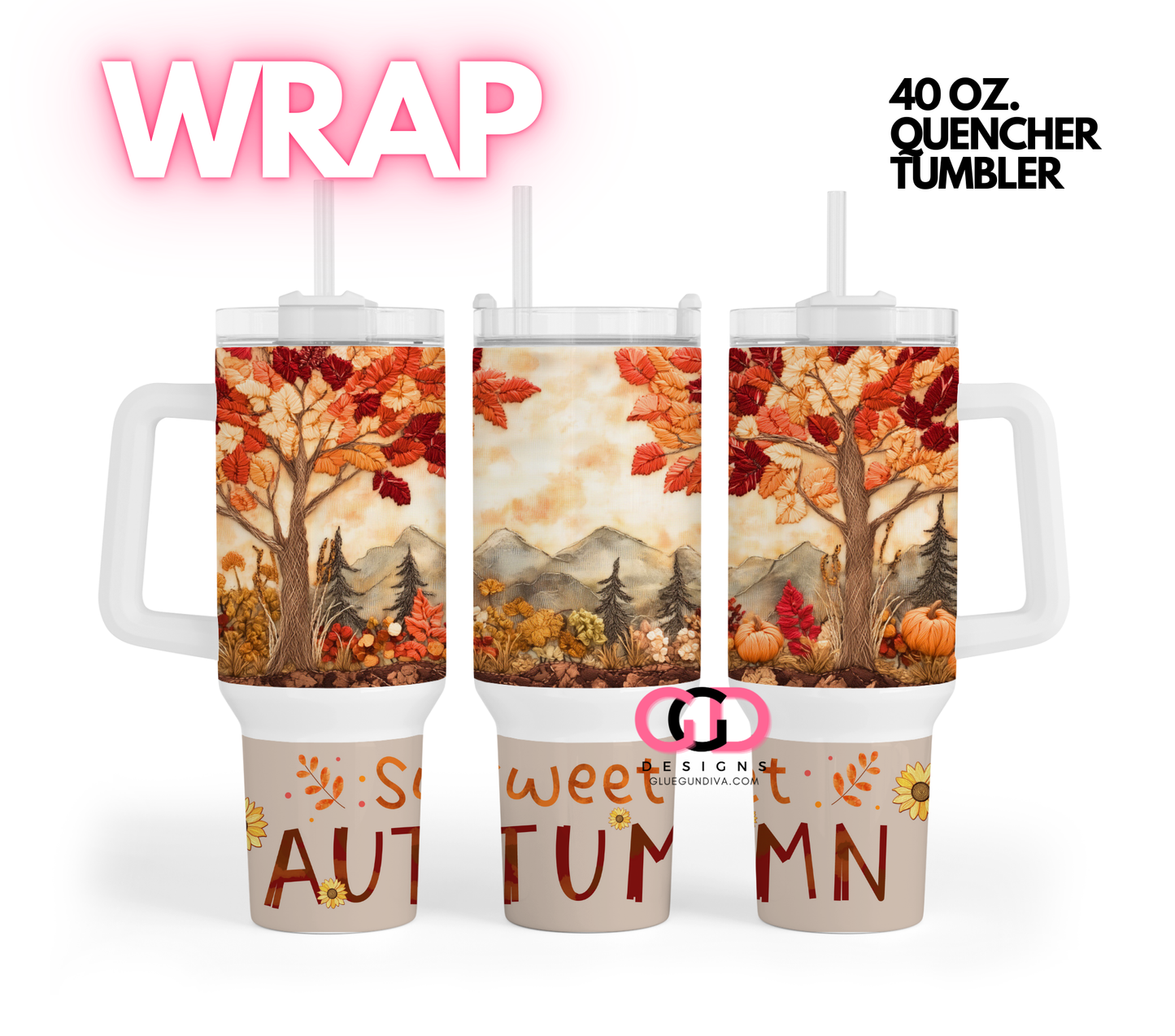 Embroidered Sweet Autumn - Digital tumbler wrap for 40 oz tumbler