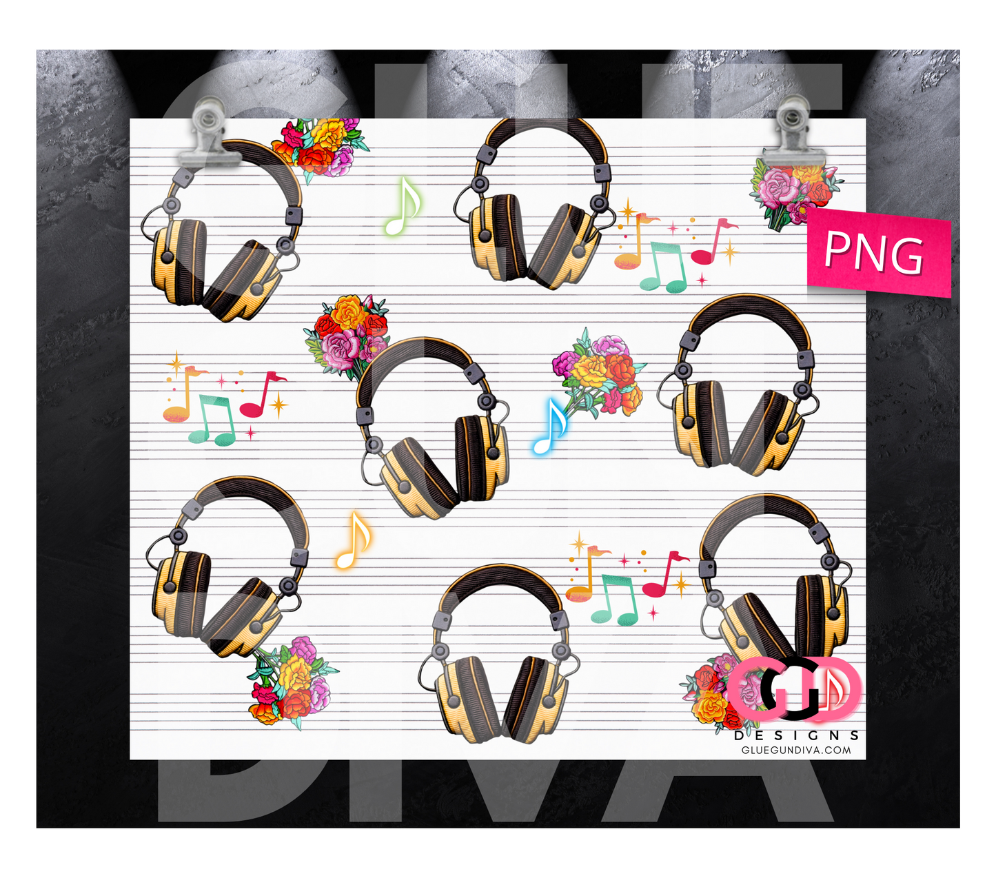 Headphones and Flowers -  Digital tumbler wrap for 20 oz skinny straight tumbler