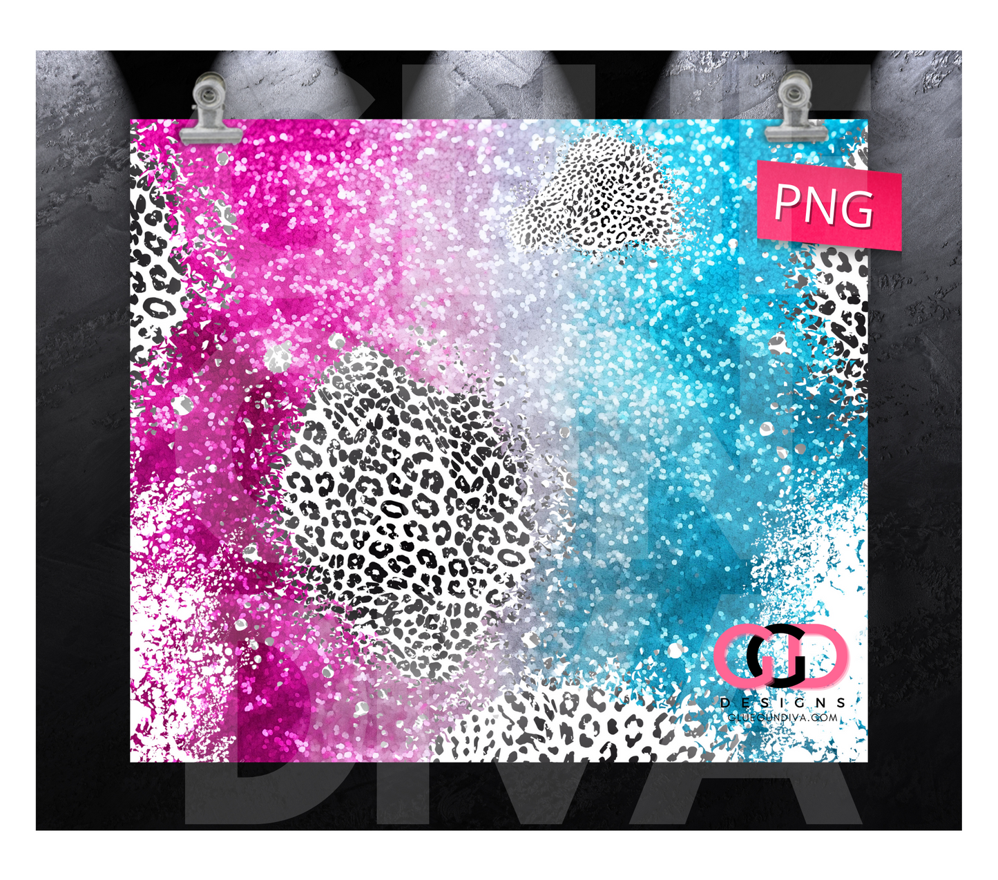 Pink Blue Glitter and Leopard-   Digital tumbler wrap for 20 oz skinny straight tumbler