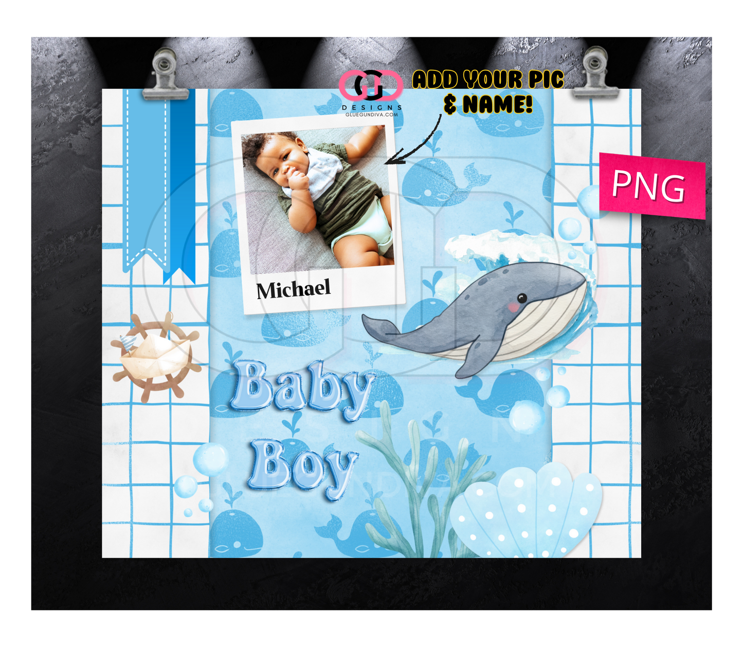 Baby Boy Whale - Digital tumbler wrap for 20 oz skinny straight tumbler