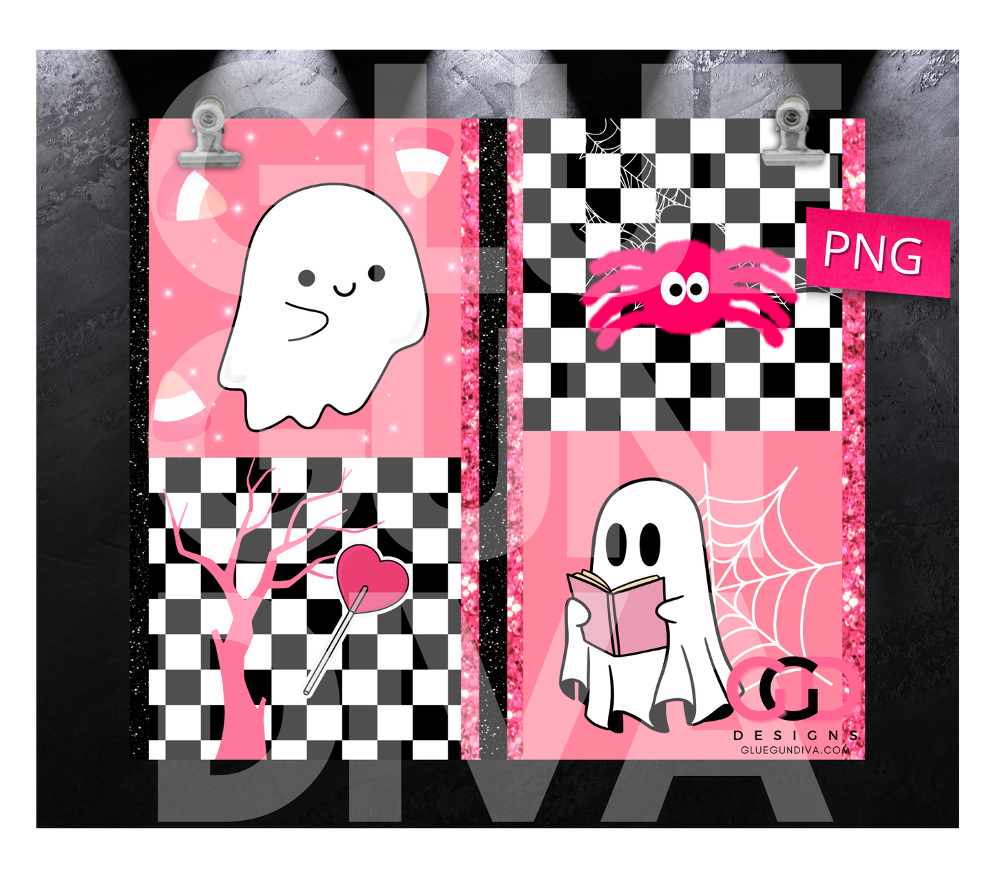 Happy Ghouls in Pink -  Digital tumbler wrap for 20 oz skinny straight tumbler