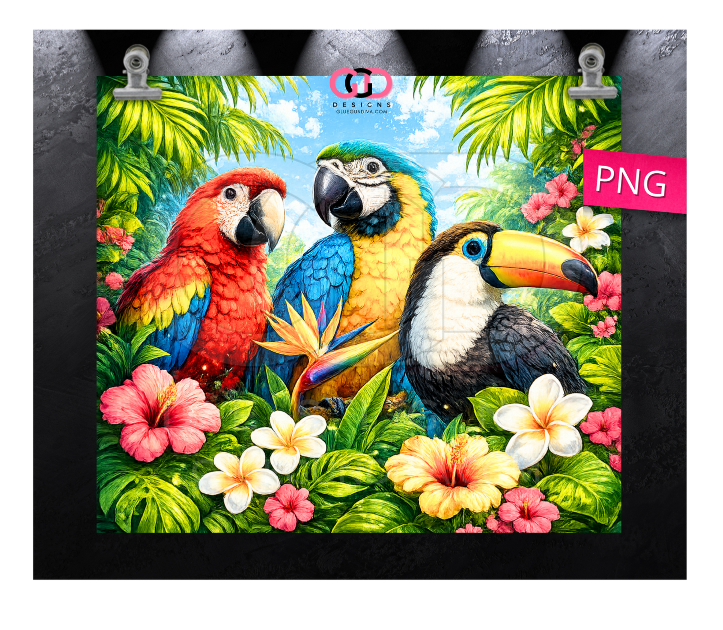 Tropical Birds Scene - Digital tumbler wrap for 20 oz skinny straight tumbler