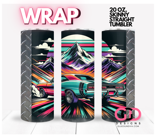 Muscle Car and Mountains -  Digital tumbler wrap for 20 oz skinny straight tumbler