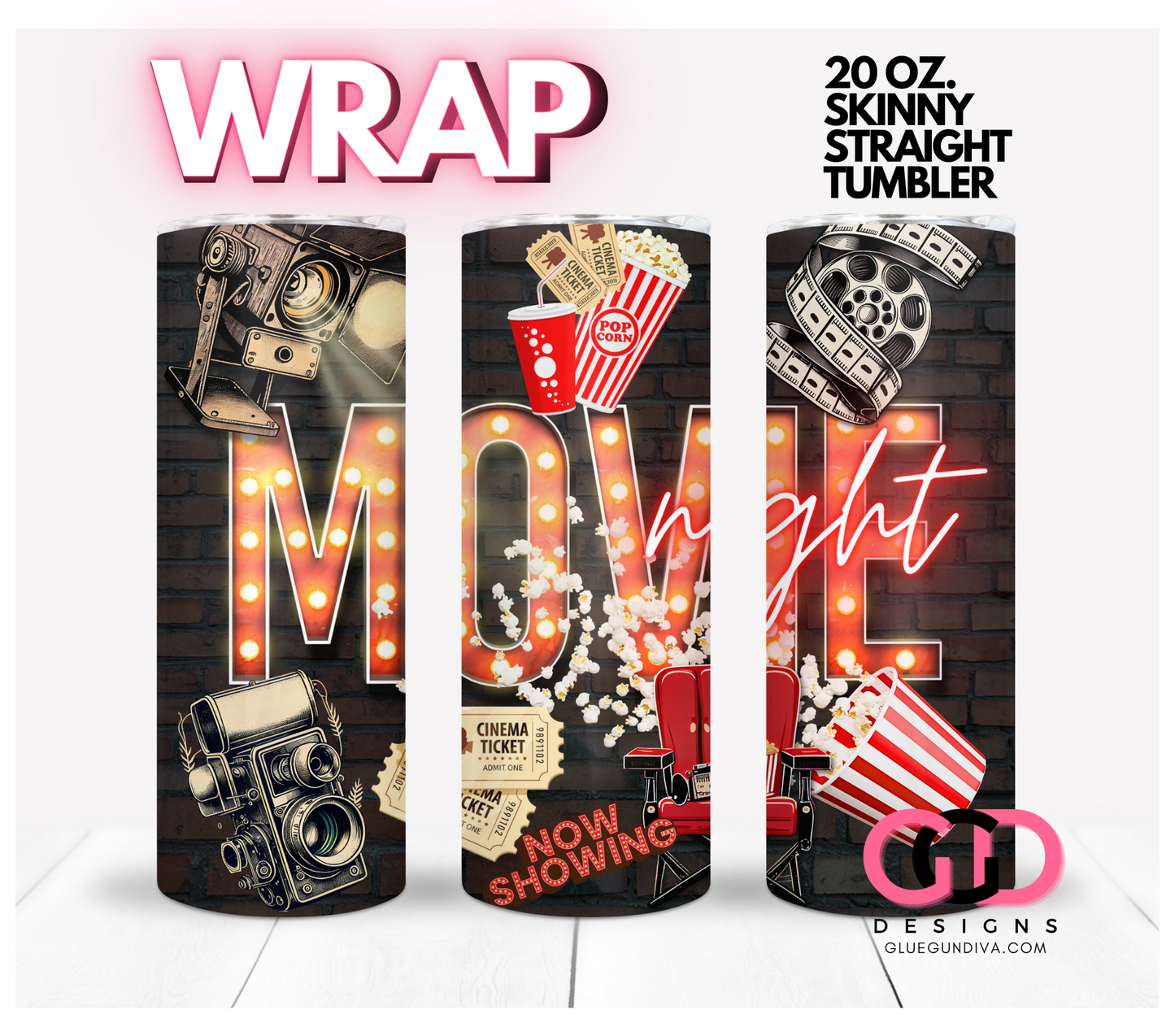 Cinema Movie Night-   Digital tumbler wrap for 20 oz skinny straight tumbler