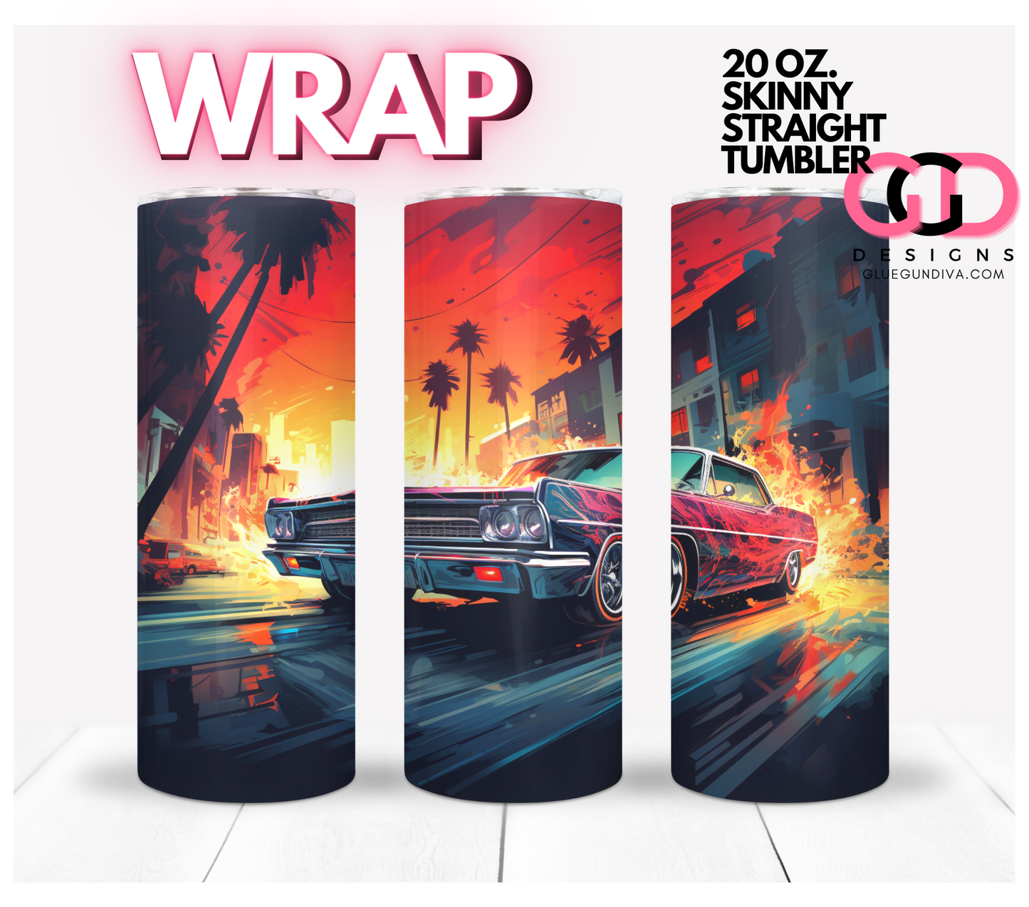 Lowrider Sunset-   Digital tumbler wrap for 20 oz skinny straight tumbler