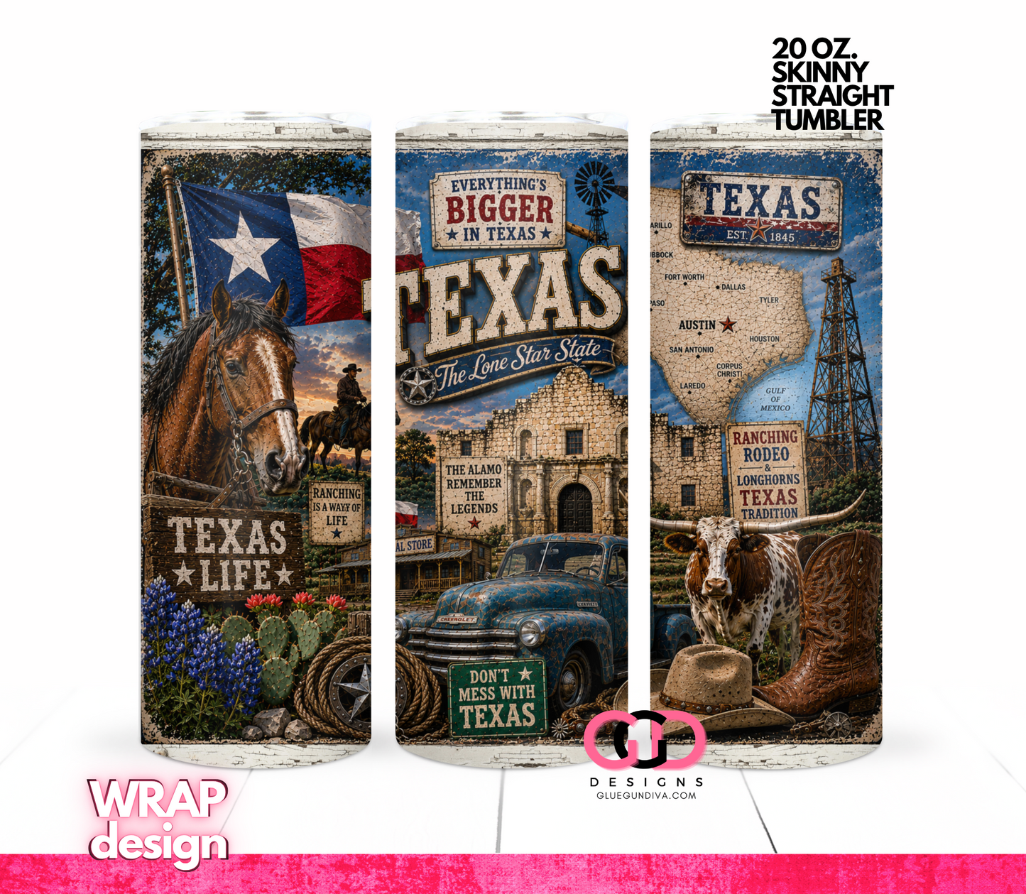Vintage Texas Collage -   Digital tumbler wrap for 20 oz skinny straight tumbler