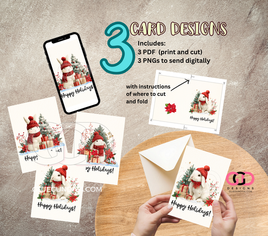 Bunny Happy Holidays Cards -  Print & Cut