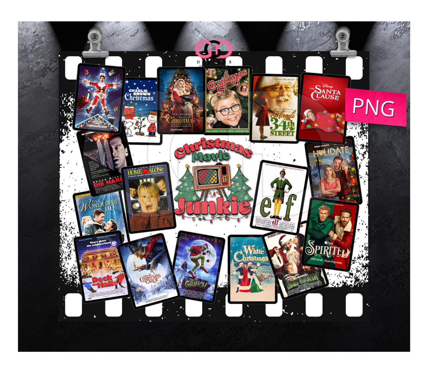 Chrismas Movie Junkie -  Digital tumbler wrap for 20 oz skinny straight tumbler