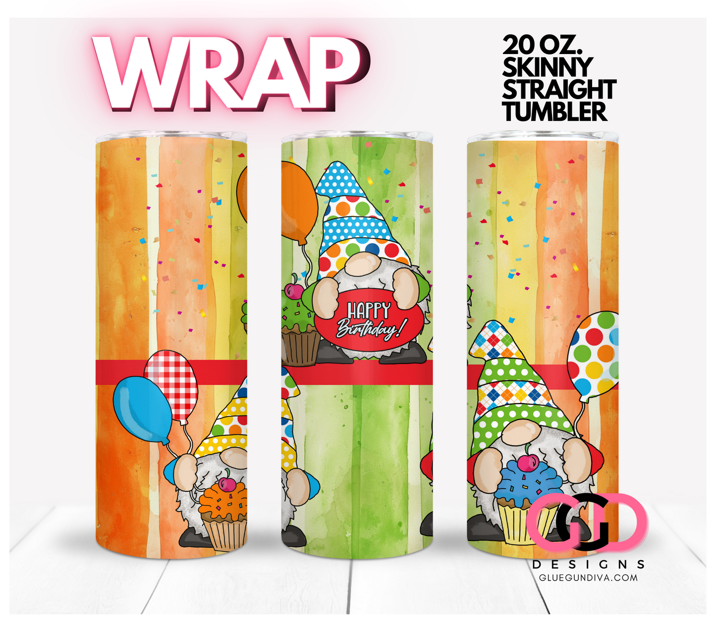 Happy Birthday Gnomes colorful -  Digital tumbler wrap for 20 oz skinny straight tumbler