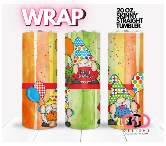 Happy Birthday Gnomes colorful -  Digital tumbler wrap for 20 oz skinny straight tumbler